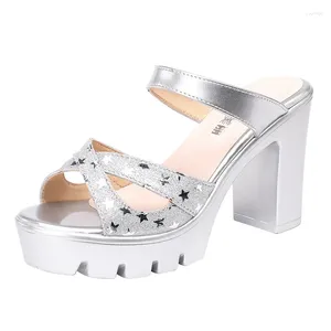 Slippers Plus Size 32-43 OL Bling Star Silver Wedding Shoes Women Block High Heels 2024 Summer Chunky Platform For Office Model