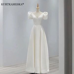 Beyaz saten gelinlik gelin için zarif seksi v boyun uzun balo akşam konuk partisi kadın elbise yaz resmi vestidos 240313