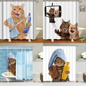 Gardiner söt katt djur vattentät polyester dusch gardin med krokar för badkar badrumsskärmar heminredning stor storlek väggduk