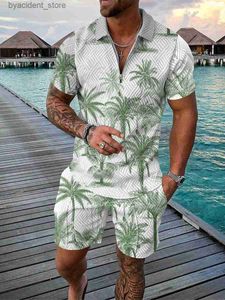 Men's Tracksuits Hawaii 2pcs sets 3D Coconut tree print Zipper Polo Shirt Short Sleeve Shirt+Shorts Casual Fashion Zip-Up Unisex 2PCS Sweatshirt L240320