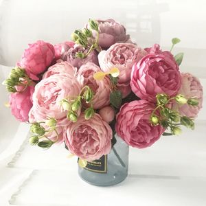 30 cm Rose Pink Silk Peony Artificial Flowers Bouquet 5 Big Head och 4 Bud Fake For Home Wedding Decoration Inomhus 240308