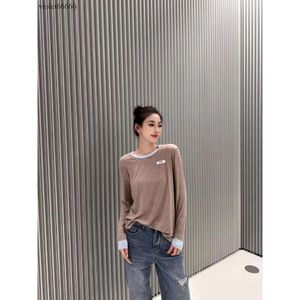 Women's T Shirts Letter Contrast Color Round Neck T-shirt Early Spring Folded Long-sleeved Splicing Fake Two Solid Tops