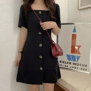 Party Dresses Women's Black Dress College Style Square Collar Short Sleeve Vintage Casual Fashion High Waist Korean Skirt Ladies Summer