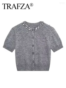 Maglieria da donna TRAFZA 2024 Primavera Cardigan Per Le Donne Lavorato A Maglia Solido Decorazione Della Pietra Preziosa Sottile Maglioni Cappotto Femminile Maglione Versatile