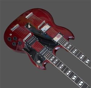 Hochwertige halbhohle F-Loch-E-Gitarre mit doppeltem Hals, Korpushals-Farbbindung, Griffbrettmuster-Mosaikschale