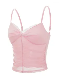 Frauen Tanks Sommer Frauen Spaghetti -Strap -Tanktops Pink Polyester eng mit ausgestatteten V -Hals -Rückenless vorne Twist