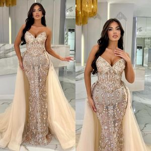 Dubai arabic champagne mermaid Evening Dresses with overskirt sweetheart Formal Prom dress beading lace luxury red carpet gown Robe De Soiree