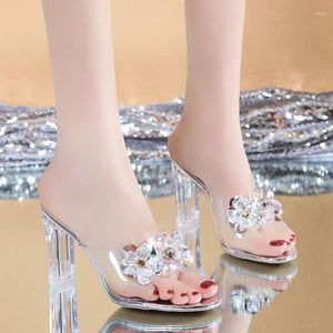 Sapatos de vestido moda clara sandálias de salto alto mulheres verão cristal transparente pvc chinelos mulher dedo do pé aberto deslizamento em slides de salto