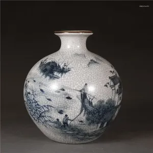 Vasi Qianlong Vaso di melograno smaltato bianco blu blu con scena Jiangnan Bottiglia a forma di mela Antico ornamento di porcellana antica ZC799