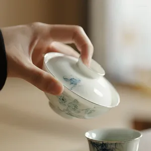 TeAware Setleri Ultra Yetenekli Lastik El Boyalı Mavi ve Beyaz Kapak Çay Yüzü Altındaki El Yapımı Seramik Çay Kasesi Scald Set