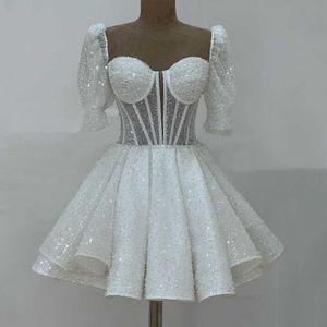 Sexy Mini Wedding Dresses 2023 Sweetheart Short Puff Sleeves Bridal Growns Sequin Pearls Above Knee A-line Vestidos De Novia