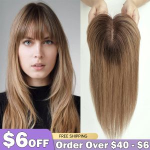 Toppers Ombre Ash Brown Blonde Hair Toppers for Women Hairpiece 100% Remy Human Hair with Bang 150% Density Silk Base Clip in Topper Wig