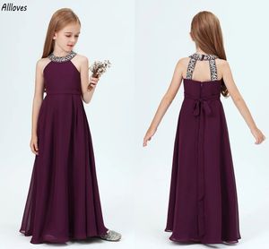 Halter Grape Chiffon Junior Bridesmaid Dresses Sequins Beaded Yong Girls Wedding Party Gowns Sleeveless Floor Length Toddler Formal Birthday Prom Dress CL3409