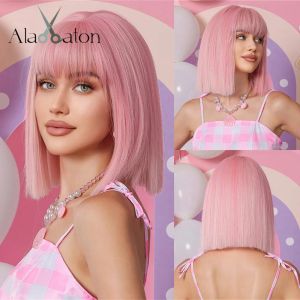 Wigs ALAN EATON Pink Bob Synthetic Wig for Women Short Straight Wigs with Bangs Pink Colorful Cosplay Fake Hair Party Heat Resistant