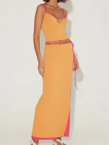 ワークドレスクロンススタイルセクシーな女性2ピース夏の衣装のノースリーブスパゲッティストラップホルターキャミストップスプリットロングスカートセットビーチウェア