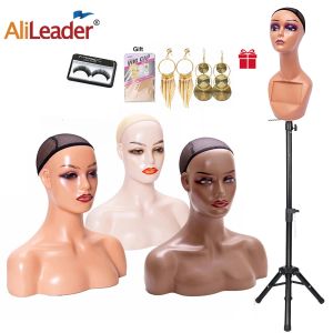 Stands New African American Femal Mannequin Head With Shoulders Mannequin Head For Wig Display Model Doll Head For Hat Glasses Scarf
