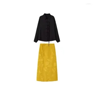 Женские блузки, французский черный воротник, корейские женские милые повязки, изысканные рубашки, однобортная уличная одежда, желтая юбка, комплект из двух предметов