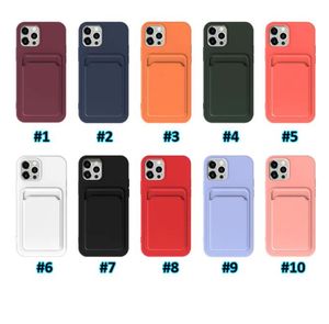 Porta slot Card Case di telefono soft per telefono in silicone liquido per iPhone 14 13 12 11 pro max mini xr xs x 8 7 6 più cover della custodia TPU a colori puri