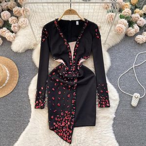 Casual Dresses Women Chic Elegant V-neck Asymmetrical Rhinestone Long Sleeve Bodycon Dress Sexy Fashion Elastic Slim Hip Wrap