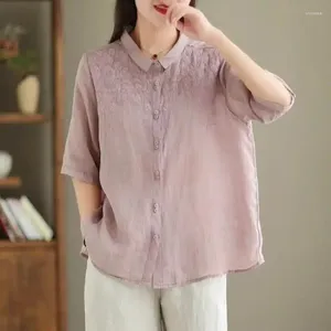 Blusas femininas vintage algodão bordado meia manga topos camisa feminina 2024 botões de lapela moda casual solta blusa selvagem roupas femininas