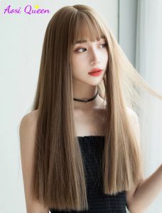 Wigs synthetic wig female temperament long straight hair Lisa same style Lolita air bangs natural fluffy inner button wigHigh tempera