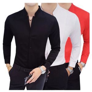 Camicie da uomo d'affari Nero / Bianco Moda elegante colletto alla coreana maschile Top a maniche lunghe Homme Abiti da festa di nozze 240320