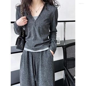 Pantaloni a due pezzi da donna Pantaloni alla moda da donna Cappotti a maniche lunghe solidi Gamba larga Pantaloni casual dritti larghi a vita alta 3pz