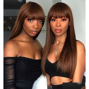 Lace Wigs Straight Human Hair Wig With Fringe For Women Remy Bangs Dark Brown Yage Color Glueless Fl Hine Made New Drop Delivery Produ Dh8R3