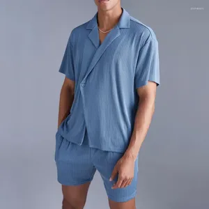 Tute da uomo Oldyanup Abiti da spiaggia da uomo 2024 Camicie e pantaloncini a maniche corte blu scuro estivi Abiti a due pezzi HomeSet sottili Tuta