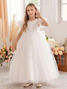 Mädchenkleider Tüll Blumenkleid für Hochzeit Elegante Applikation Spitze mit großer Schleife Prinzessin Kindergeburtstag Party Abend Ballkleid