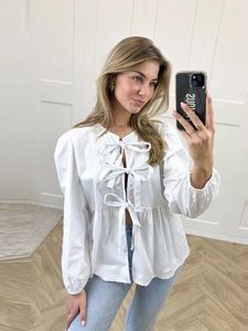 Women's Blouses Elegant Solid Lace Up Bow Shirt Women Long Sleeve Hollow Out O-neck Female 2024 Spring Summer Lady Fashion Commuter Tops