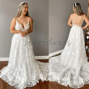 Gatsby Boho Plus Size Wedding Dress 2024 Sexy Spaghetti Straps A Line Fulllace headiques Beach Beachemian Wedding Deters Backless Train Train Dress