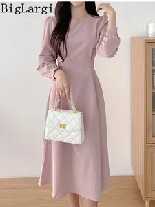 Vestidos casuais 2024 primavera outono vestido de manga longa mulheres coreano chique rosa cintura senhoras elegante midi mulher vestidos