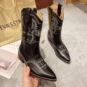 Boots Western Cowboy Women 2024 Winter Fashion High Heel Pointed Toe Shoes Female Slip On Mid-Calf Zapatos De Mujer