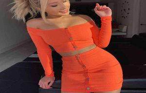 Women S Clothing 2 Piece Set Dress Criss Cross Orange Knitted Off Shoulder Spring Slash Neck Crop Tops Mini79096402950707