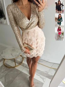 Casual Dresses 2024 Sexig Deep V Long Sleeve Women Ruffled BodyCon Mini Dress Female Tight Elegant Party Club Evening Vestidos