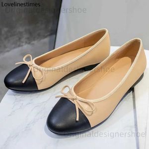 Casual Shoes Ballet Low Heels Shoes Woman Basic 2024 Two Color Splicing Round Toe Leather Bow Classic Tweed Cloth Work Shoes Women Shoes Pump T240323