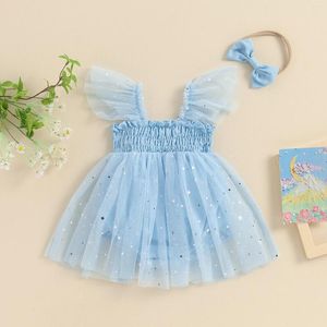 Girl Dresses Summer Baby Girls Sleeve Romper Dress Sequins Star Mesh Playsuits With Hairband Toddler Bodysuits 2pcs Clothing Suit