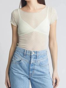 女性のTシャツファッションレディースメッシュトップカジュアルスリムフィット夏の肌のためのボートネック半袖ドットシャツを見る