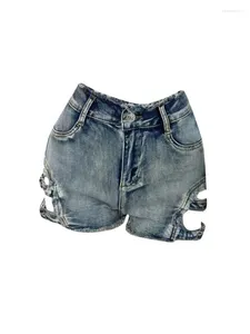 Calças de brim femininas moda coreana clássico denim shorts gyaru oco para fora cintura alta azul curto calças largas streetwear y2k clubwear