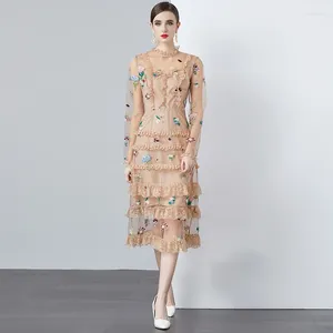 Casual Dresses Embroidery Flower Ruffles Cake Dress Women O-Neck Long Sleeve Luxury Formal Occasion Evening Gown Prom Vestidos