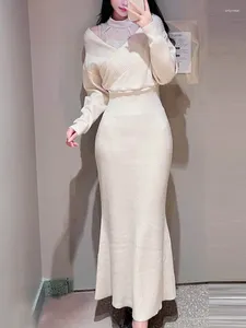 Vestidos casuais primavera tule retalhos bodycon mulheres colarinho fora do ombro cintura trompete vestido de malha 2024 japonês elegante vestidos