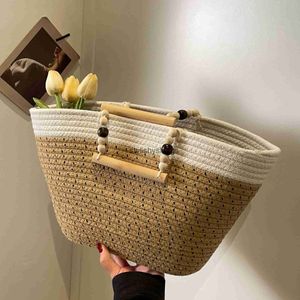 Totes Cotton rope handbag 2024 new contrasting tote bag womens large capacity beach fashionable woven H240323