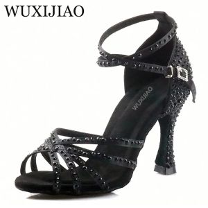 Boots Wuxijiao Pearl Rhinestone Latin Dance Shoes Women Ballroom Professional Dancing Shoes Soft Sules Party/Weeding Shoes High Heels