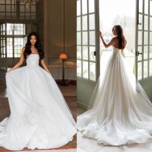 chic a line wedding dresses sexy strapless sequins lace appliques bridal gowns backless sweep train robes de
