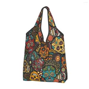 Storage Bags Reusable Day Of The Dead Sugar Skull Shopping Bag Women Tote Portable Halloween Catholic Groceries Shopper