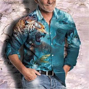 Camisas casuais masculinas moda mens camisa tigre gradiente cor hd padrão macio confortável leve botão superior ao ar livre 2024 novo plus size l240320