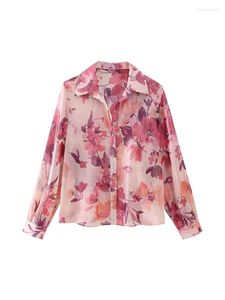 Kvinnor Bluses Girls 2024 Summer Casual Single Breasted Long Sleeve Tops Spring Elegant Flower Print Ladies Holiday Style Red Loose Shirts