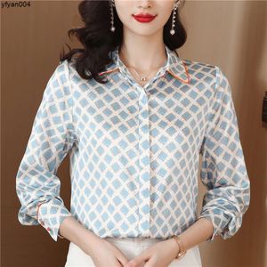 Designer clássico cetim xadrez blusas mulheres seda lapela até camisas gráficas outono inverno escritório elegante e juventude plus size topszsyr.