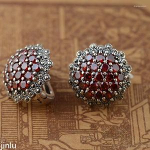 Dangle Küpe Kjjeaxcmy Fine Jewelry S925 Saf Gümüş Kakar Kırmızı Zirkon Taş Kulak Düğmesi Arkeize Stil Kadın